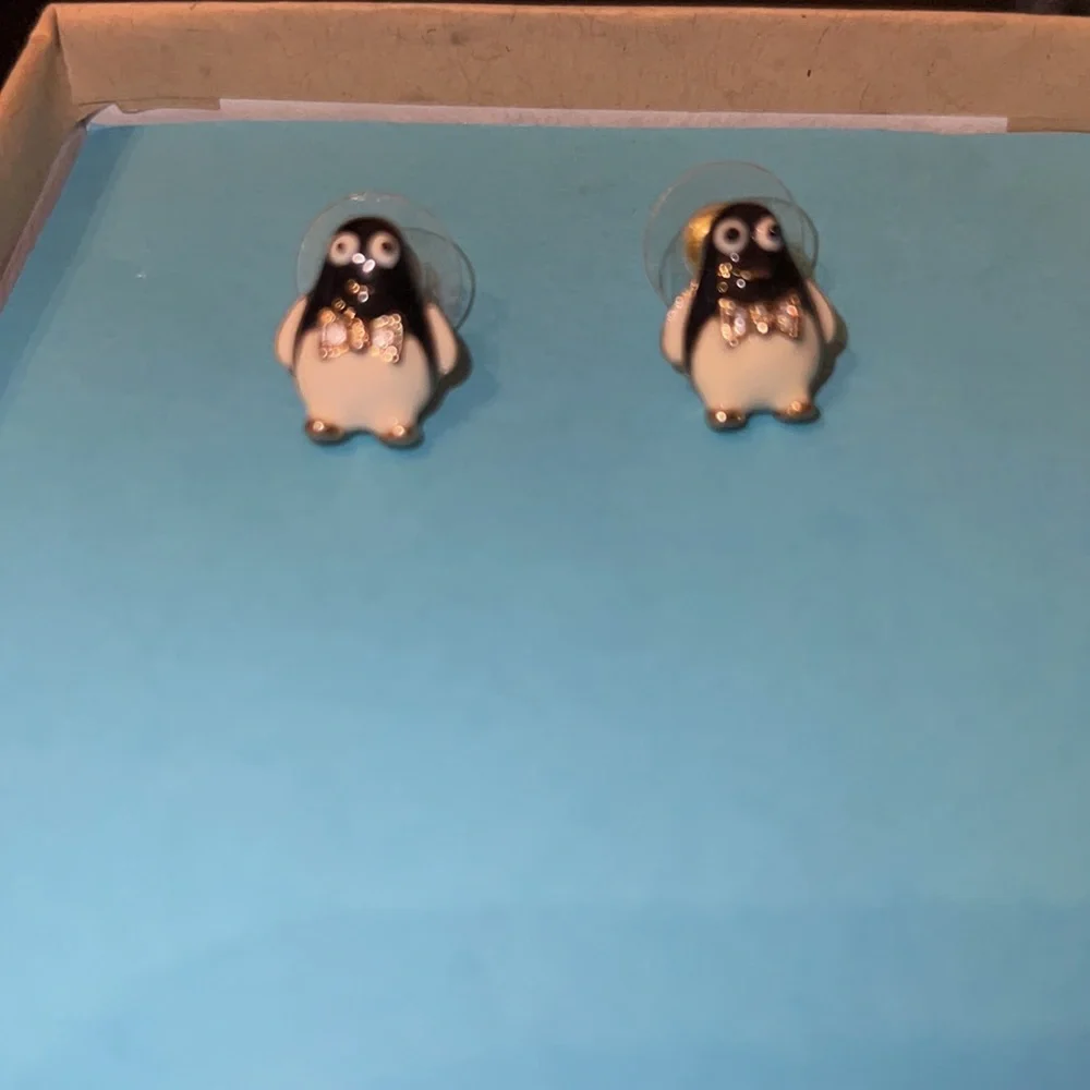 Silver skating necklace, penguin earrings and barrette